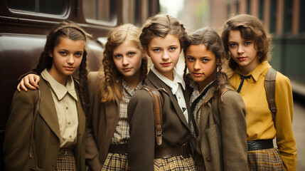 Fototapeta premium Retro style nastalgic young girls standing near the school bus - Generative AI.