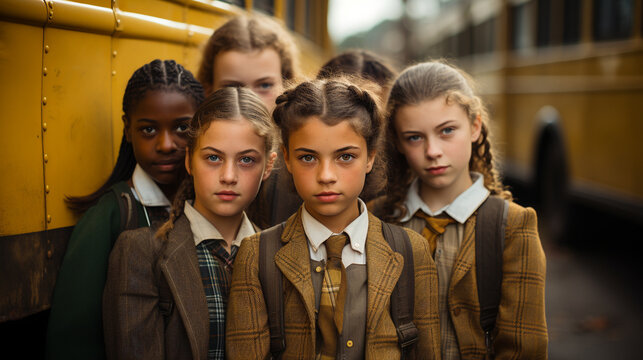  Retro style nastalgic young girls standing near the school bus - Generative AI.