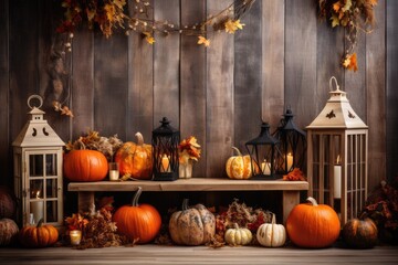 Rustic Wooden bench with Pumpkins and Lanterns for halloween Decoration, generative ai