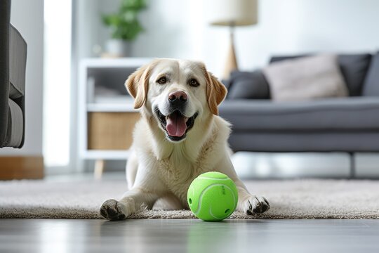 A dog is playing with a green ball in a living room
