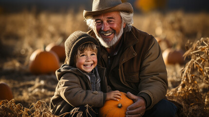 Grandpa and grandson holding a pumpkin at the pumpkin patch farm on a fall day - Generative AI.