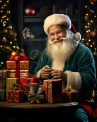 Fototapeta na wymiar Cheerful Santa Claus wearing a jolly grin while holding a bunch of presents. In a soothing blue ambiance, Santa Claus exudes cheer as he presents a collection of charming gifts.