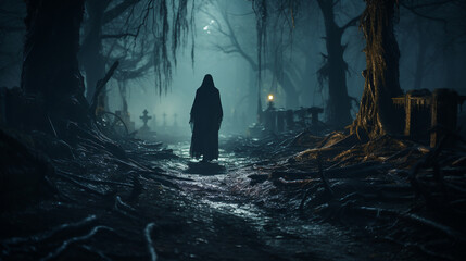 Fototapeta premium Spooky dark figure walking through the foggy night in a cemetary - Generative AI.