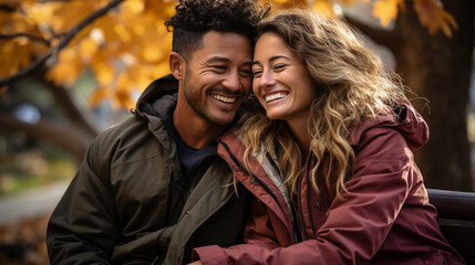 Fototapeta premium Happy warmly dressed young loving multi-ethnic couple laughing as they enjoy the beautiful fall leaves in the park - Generative AI.