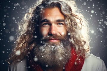 Attractive Santa Claus Portrait with long beard and middle long hairs and red and white heat, generative ai