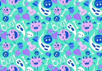 Halloween cartoon pumpkins seamless ghost and bones and skulls pattern for wrapping paper and fabrics