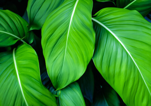 Spathiphyllum cannifolium concept, green abstract texture natural dark background, tropical large leaves in Asia and Thailand with fresh water drops