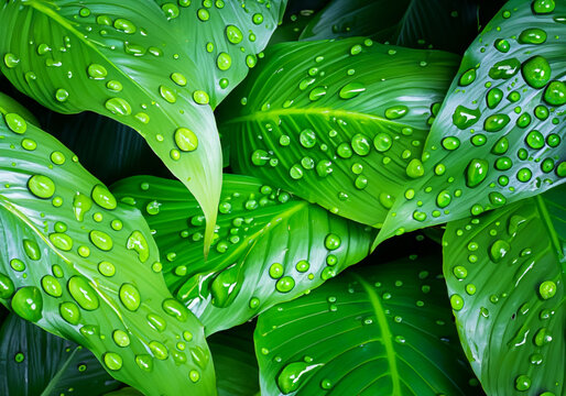 Spathiphyllum cannifolium concept, green abstract texture natural dark background, tropical leaves in anazon, asia and thailand with water drops