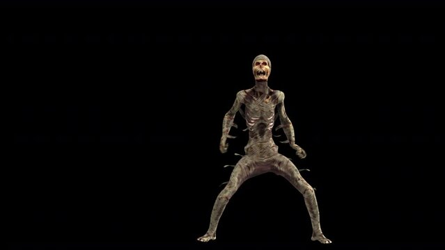 Seamless animation of a mummy dancing thriller isolated with alpha channel. Funny cartoon character for Halloween background.