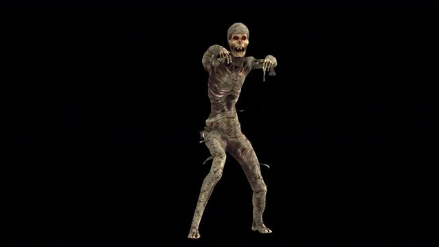 Seamless animation of a mummy zombie walking isolated with alpha channel. Funny cartoon character for Halloween background.