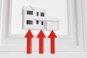 Red arrows pushing white model house up in front of windows. Illustration of the concept of rising house prices