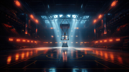 interior view of an illuminated basketball stadium for a game, Generative AI