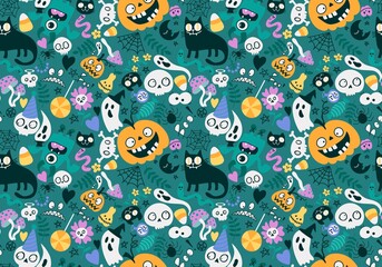 Cartoon Halloween monsters seamless cat and pumpkins and skulls and ghost and mushrooms pattern