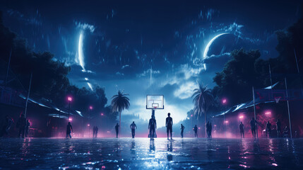 interior view of an illuminated basketball stadium for a game, Many people ready to play, Generative AI