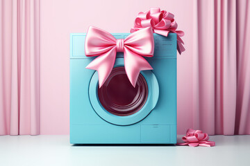 Gift ribbon on a new washing machine. Clay cartoon style, 3d render illustration, copy space. Pastel pink and blue colors. Promotional banner for a home appliance store.