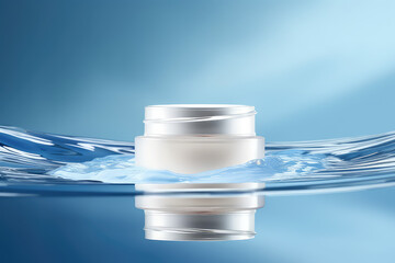 White and blank cosmetic cream round jar standing in water splashes, creative banner for skin care product presentation, moisturizing cream mockup. 3d render illustration style.