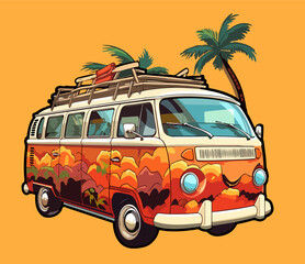 Vector illustration of a sticker depicting a vintage van from the 70s with a bright and multi-colored paint job