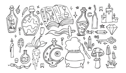 Occult Halloween vector doodle set, isolated on white, witch herbs, crystals and potions outline drawing