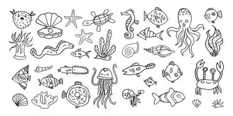 set of vector hand drawn ocean animals and fish, tropical sea outline doodle collection, underwater life aquarium for kids