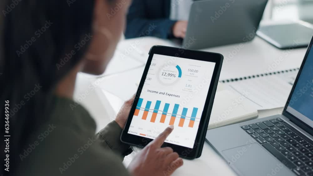 Aufkleber hands, tablet and chart for analysis, financial review and planning with scroll, statistics and budg