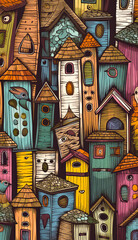 Illustration of colorful houses. House painting in oil and acrylic. Post-processed generative AI