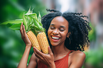Beautiful african american woman holding corn cobs and smiling. selective focus.  