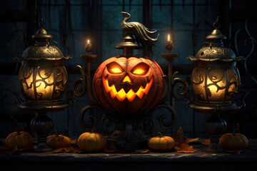 Halloween night. Candle lit Halloween Pumpkins. Halloween Backdrop with spooky pumpkins. Post-processed generative AI