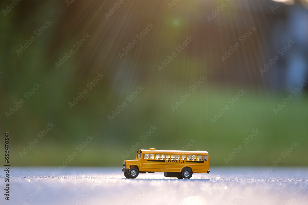 Wall mural model of classical american yellow school bus for transporting of kids to and from school every day.