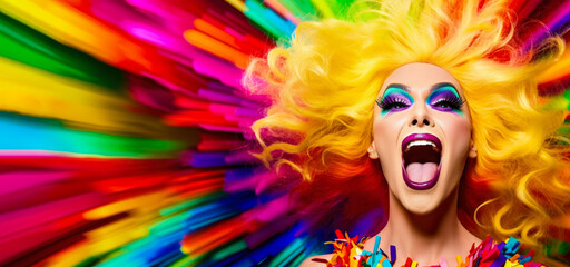 Fototapeta na wymiar Drag queen person wearing heavy extravagant makeup. Proud expression. Rainbow color background. Generative AI