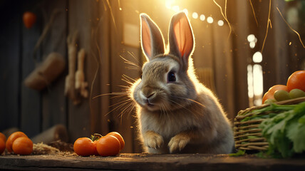 A rabbit nibbling on a carrot with a blurred background - obrazy, fototapety, plakaty