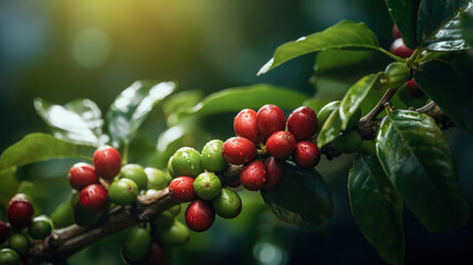 Obraz premium Branches adorned with ripe coffee cherries ready for harvest