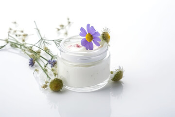 Fototapeta na wymiar Camomile cream in glass jar without a label with some decorative flowers