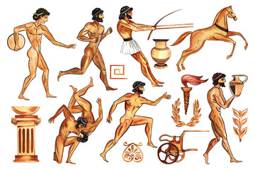 A set with ancient Greek elements and athletes. In the style of ancient Greek vase painting. Watercolor illustration, hand-drawn. Isolate. For postcards, prints and posters. for banners.