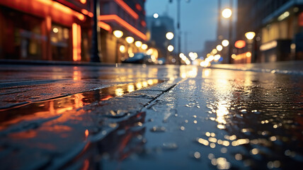 Street glistening with the shimmer of reflected lights on wet pavement