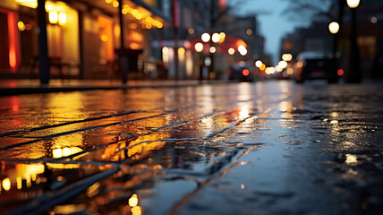 Reflective lights dancing on the rain slicked street - obrazy, fototapety, plakaty