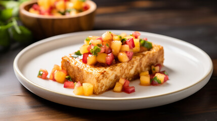 A slice of oven baked tofu topped with peach salsa. The, Generative Ai