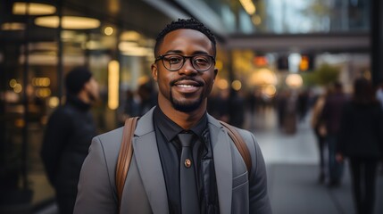 Portrait of young african american businessman with eyeglasses in the city