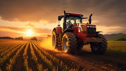Fototapeta premium Field Plowing with a Tractor at Sunrise