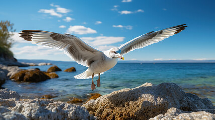 Seagulls gliding above the shoreline or perching on the rocks