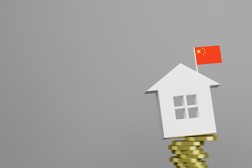 China flag on concept of real estate market crisis property. investment and house mortgage financial real estate concept.3drender.