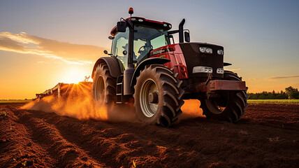 Obraz premium Tractor Plowing the Field During Sunrise