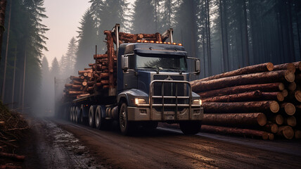 logging truck fully loaded with timber - obrazy, fototapety, plakaty