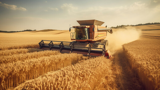 The combine harvester is at work, harvesting the wheat