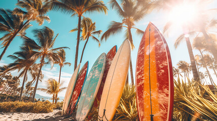 Tropical surfboards against palm trees on a beach - obrazy, fototapety, plakaty