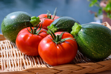 Organic vegetables, green round zucchini and ripe red french tomatoes on farmers market in Provence in summer