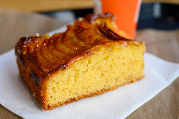 French fresh baked sweet pastry with fresh fruits and berries in confectionery shop close up