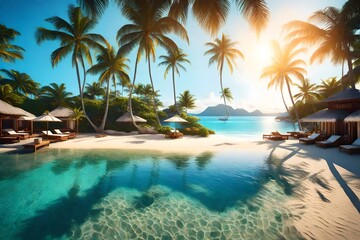 A beachfront paradise, tropical terrain, holiday resort, sun flare, tropical colors, landscape photography,