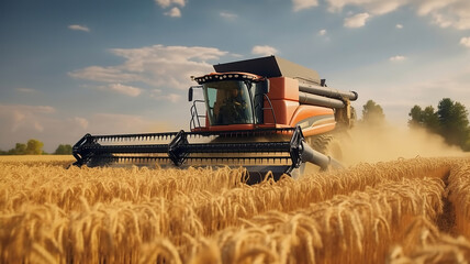Fototapeta premium The combine harvester is at work, harvesting the wheat