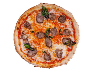 craft pizza with homemade sausage isolated on white background