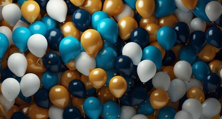 Background of blue, gold and white balloons with glitter, ai art